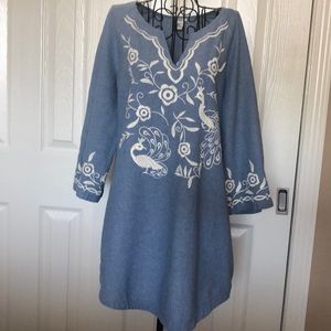 Denim Embroidered Tunic Dress with Bell Sleeve